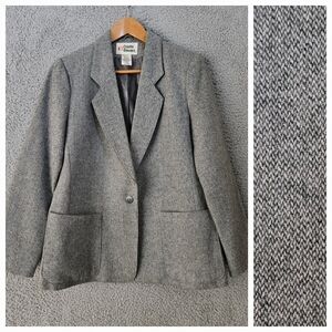 Vintage Womens Gray Wool Tweed Blazer Size 16 M L Cristin Stevens Classic Jacket